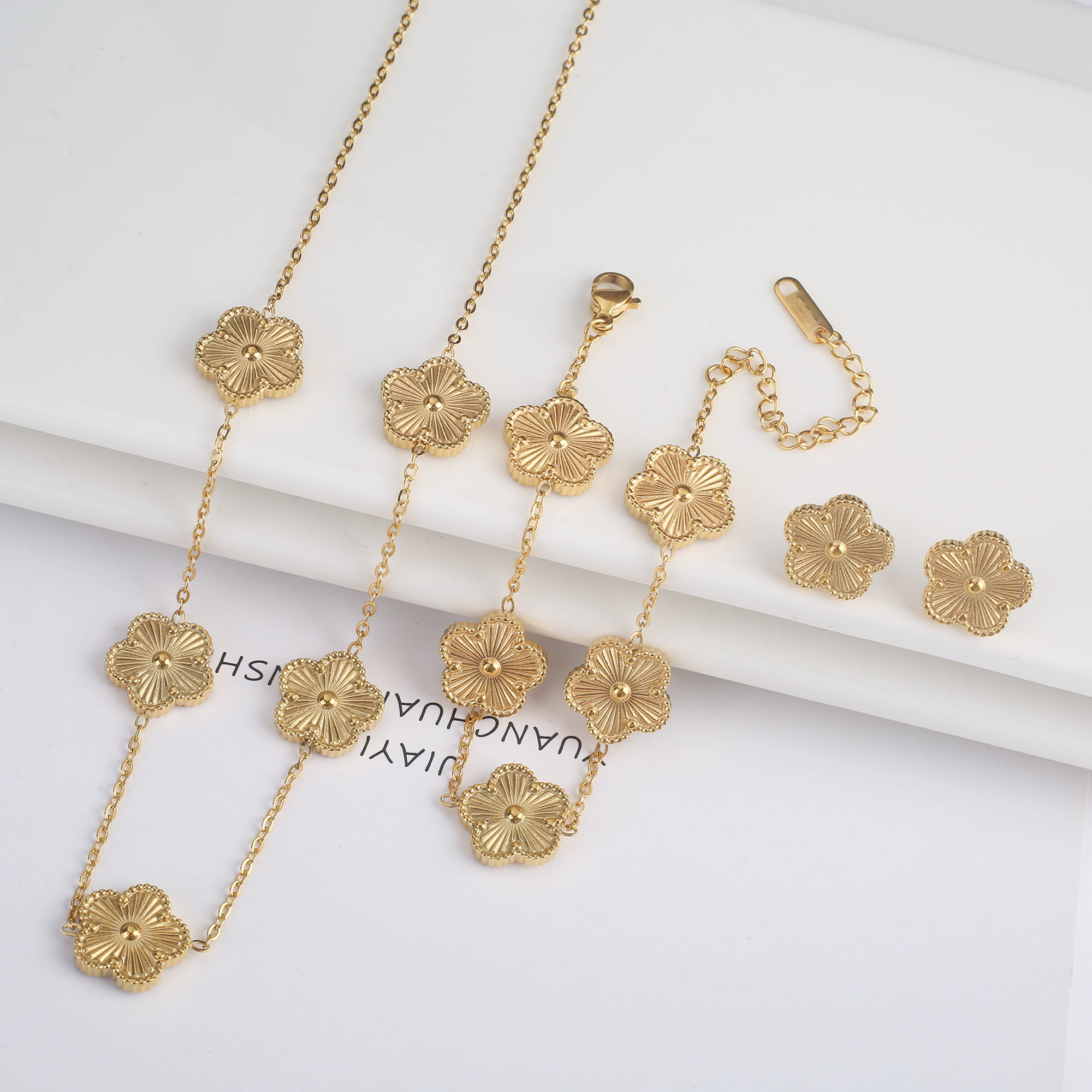 Everver-Ensemble de bijoux en acier inoxydable pour femme, cinq fleurs du cuir chevelu, bracelet, collier, boucles d'oreilles, luxe, haute qualité, cadeau de fête AI0001 – Image 5