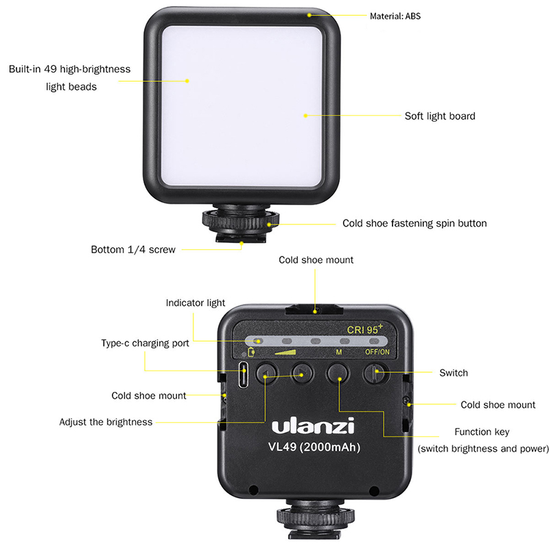 Ulanzi-Mini lampe vidéo LED VL49, 2000mAh, CRI 95 + 5500K, Vlogger de photographie portable, lumière d'appoint avec sabot froid pour appareil photo reflex numérique AI0001 – Image 3