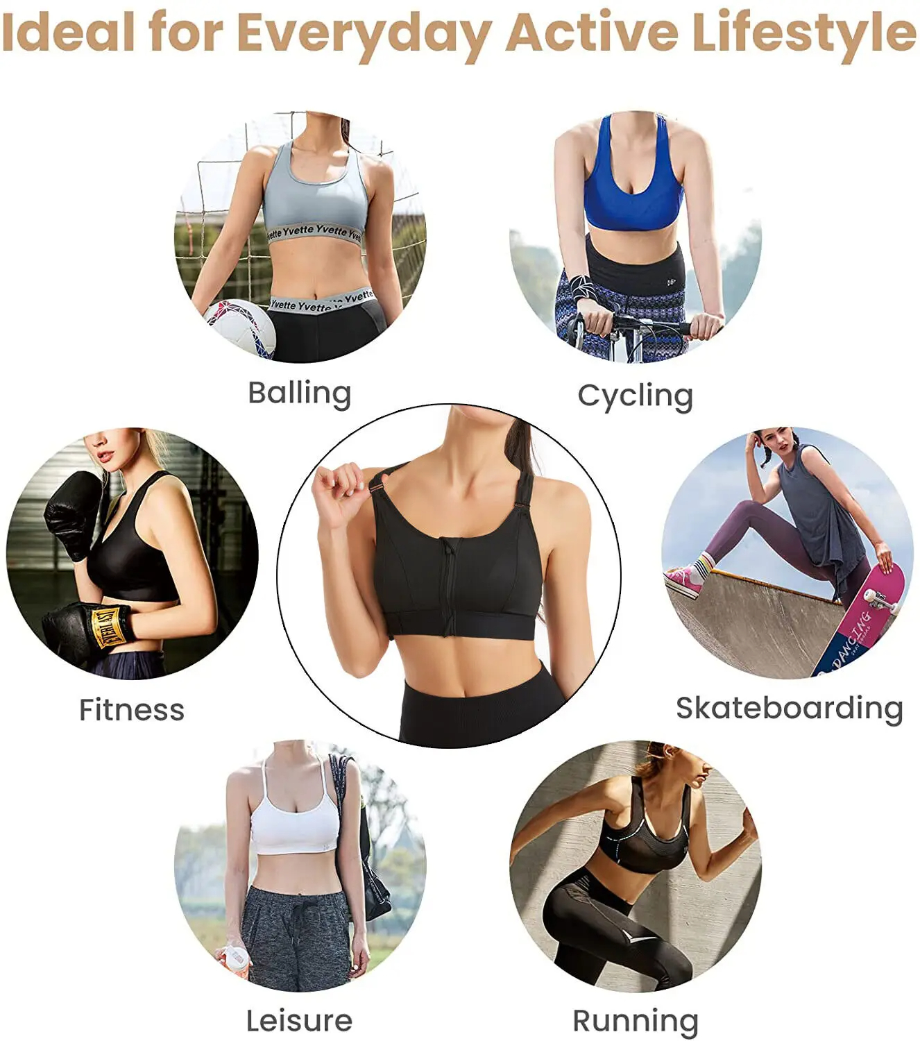 Soutien-gorge de sport sans couture avec fermeture éclair avant pour femme, sous-vêtements respirants, brassière antichoc sans armatures, course à pied et fitness AI0001 – Image 3