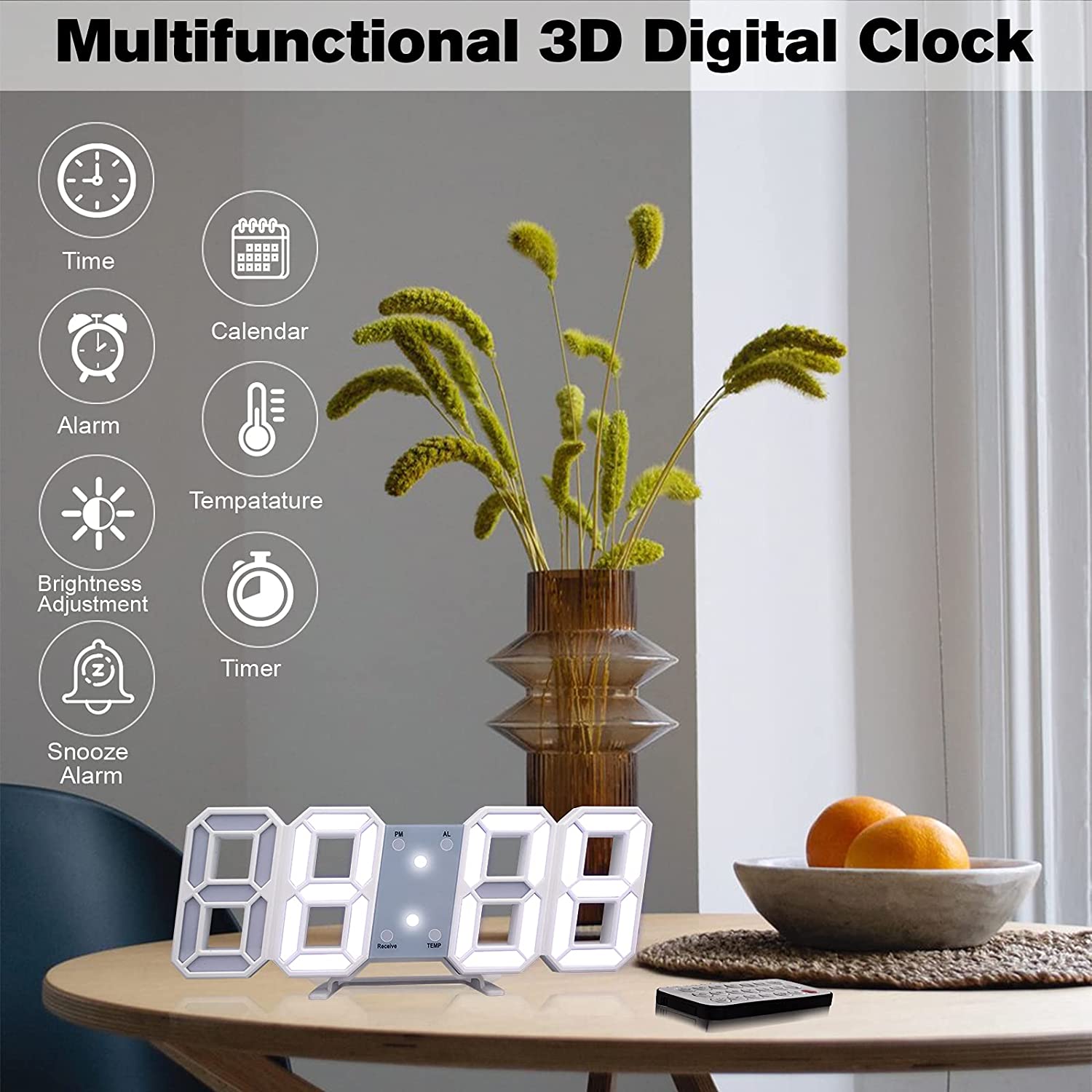 3D LED Digital Clock Glowing Night Mode Adjustable Electronic Table Clock Hanging Watch Calendar Thermometer Electronic Clock AI0001 – Image 5