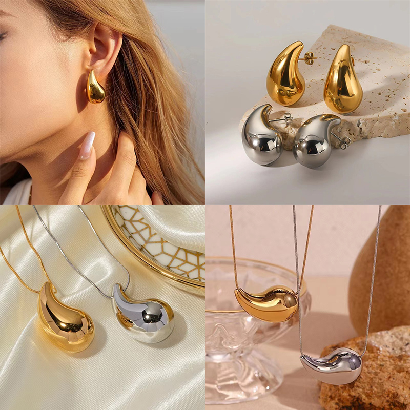 GANEMLY SION L-Ensemble collier et boucles d'oreilles en acier inoxydable pour femme, bijoux à breloques étanches, goutte d'eau creuse, carillon, or, document Bergame AI0001 – Image 4