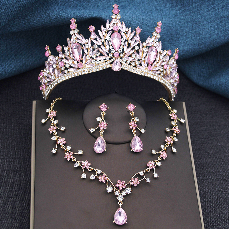 Ensemble de bijoux en cristal de champagne pour la mariée, couronne de mariage baroque, boucles d'oreilles diadème, collier de patients, costume de fête, cadeau d'anniversaire, paquet de 3 AI0001 – Image 3