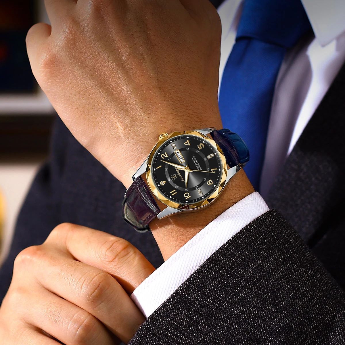 POEDAGAR-Montre de sport en cuir à quartz pour homme, montres de luxe de haute qualité, étanche, Shoous, date, semaine AI0001 – Image 3