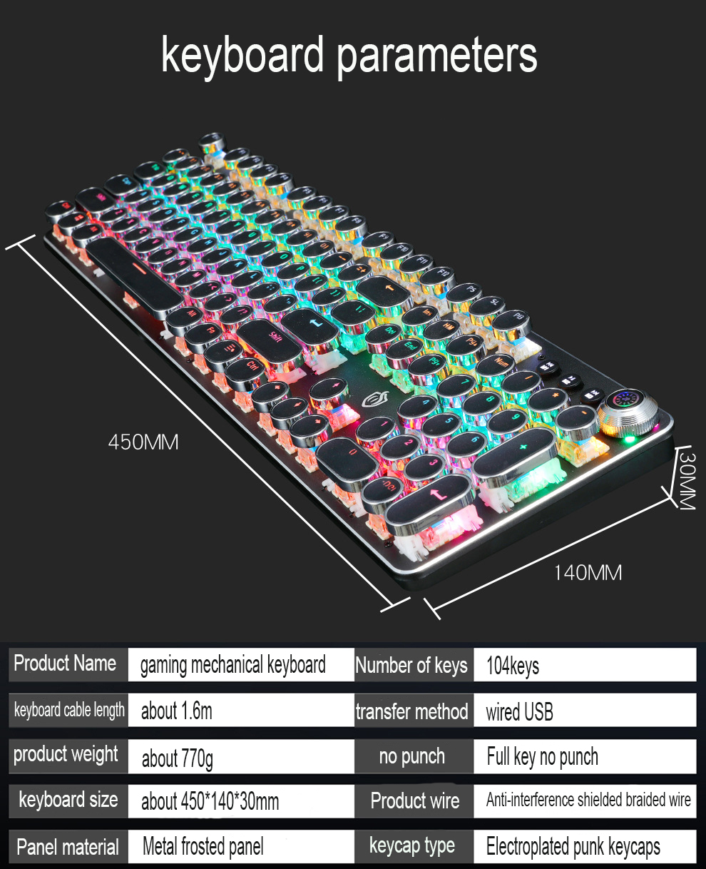 Clavier de jeu mécanique filaire rétro, punk 104 prédire, rétro4.2 RVB, ordinateur, e-sports, périphériques, ordinateur de bureau AI0001 – Image 2