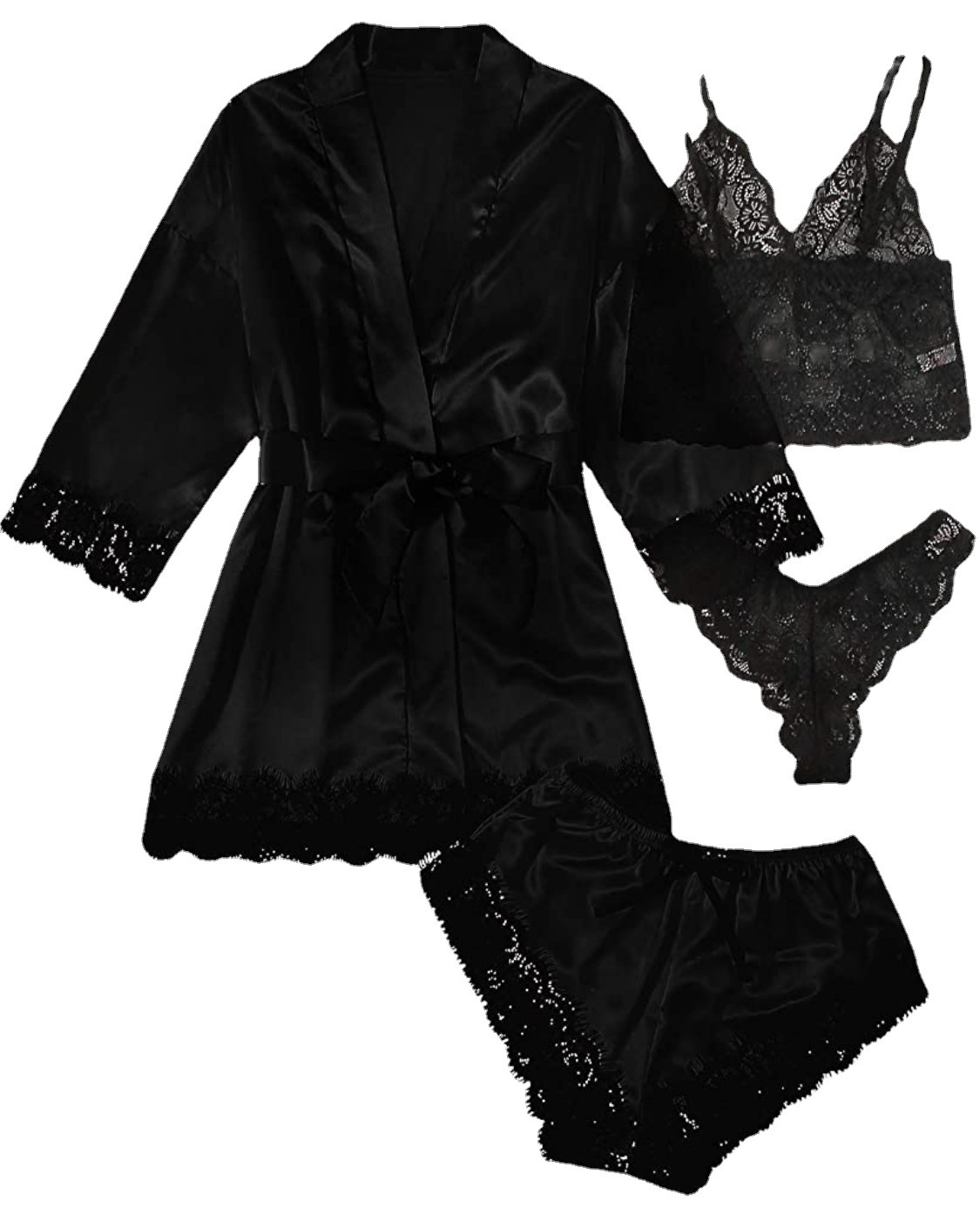 Ensemble pyjama en satin pour femme, 4 pièces, avec bretelles en dentelle, pour dormir, nouvelle collection été AI0001 – Image 6