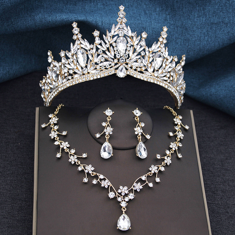 Ensemble de bijoux en cristal de champagne pour la mariée, couronne de mariage baroque, boucles d'oreilles diadème, collier de patients, costume de fête, cadeau d'anniversaire, paquet de 3 AI0001 – Image 4