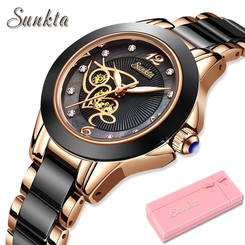 SUNKTA – montres de luxe pour femmes, en céramique noire, diamant, montre-bracelet étanche à Quartz, cadeau d'horloge AI0001