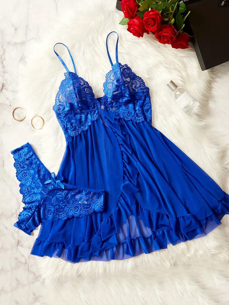 Ensemble de lingerie en dentelle à volants pour femmes, robe à enfiler en V profond et string, lingerie et sous-vêtements sexy pour femmes, abonnés AI0001 – Image 5