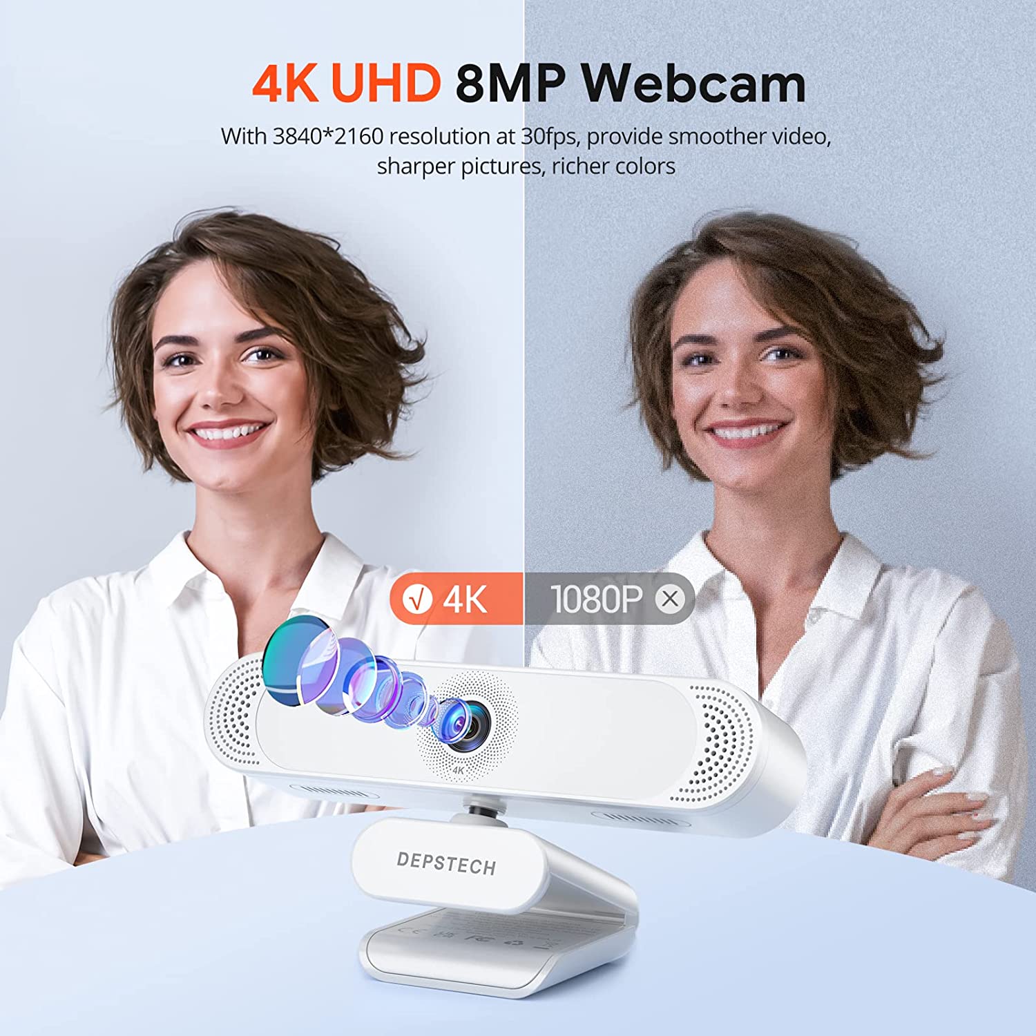 DEPSTacétone-Webcam DW49 4K pour PC, avec Microphone Antibruit, Couvercle de Confidentialité, Trépied, USB, pour Ordinateur de Bureau AI0001 – Image 5