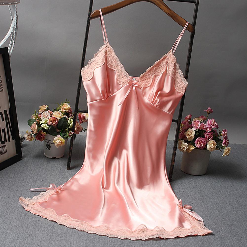 Robe de nuit en Satin pour femmes, couleur unie, col en V, bretelles Spaghetti, dos nu, sans manches, dentelle, Patchwork, vêtement AI0001 – Image 6