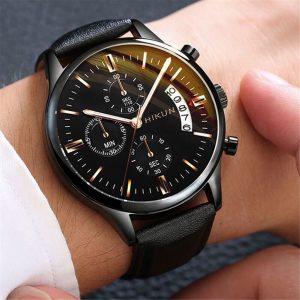 Montre à quartz en acier inoxydable avec bracelet en cuir pour homme, montre-bracelet d'affaires, calendrier de mode, date Shoous AI0001
