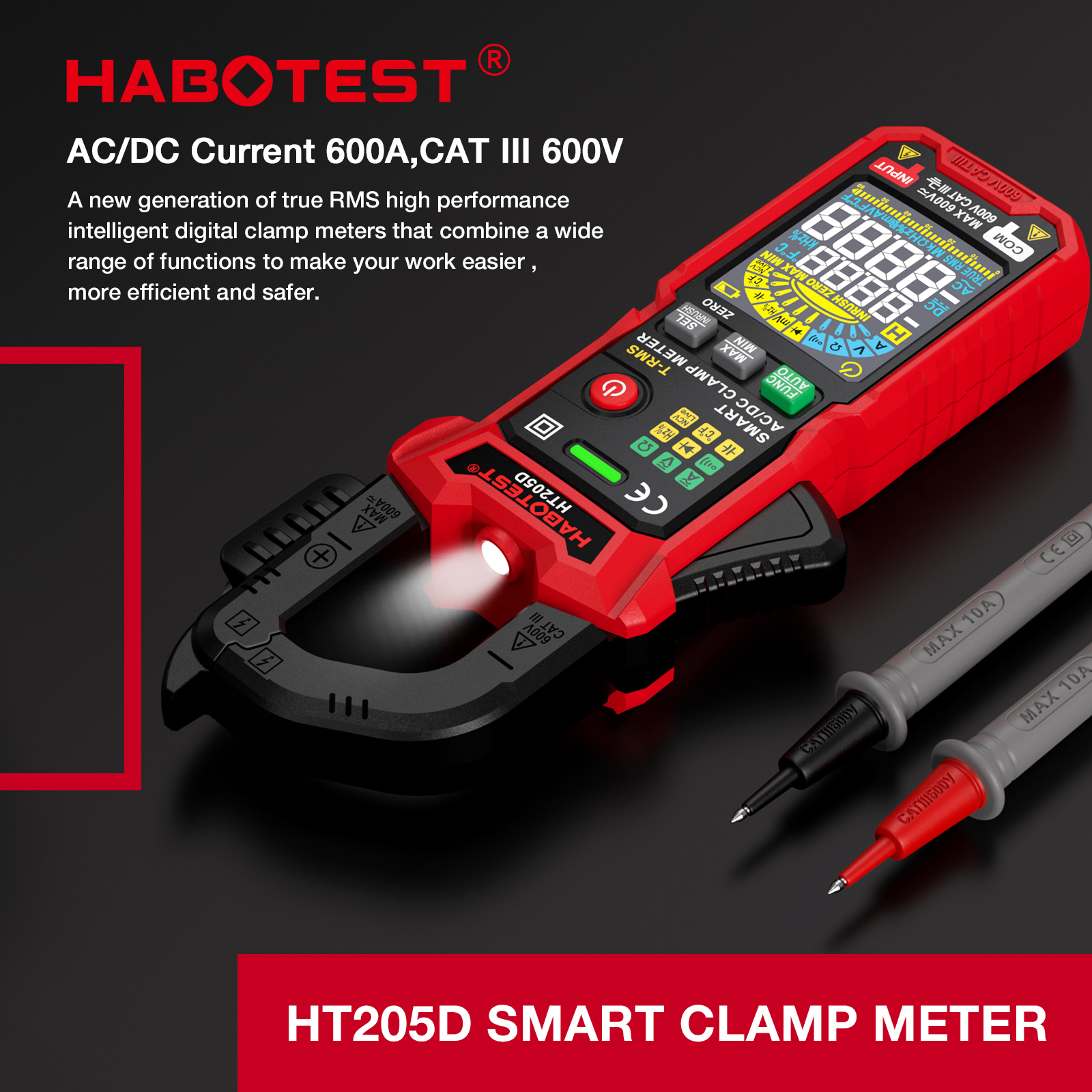 HABOTEST-HT205 Pince ampèremétrique 600A True RMS, courant AC/DC, mesure le courant, la tension, la température, puzzle, itance, testeur Ohm AI0001 – Image 4