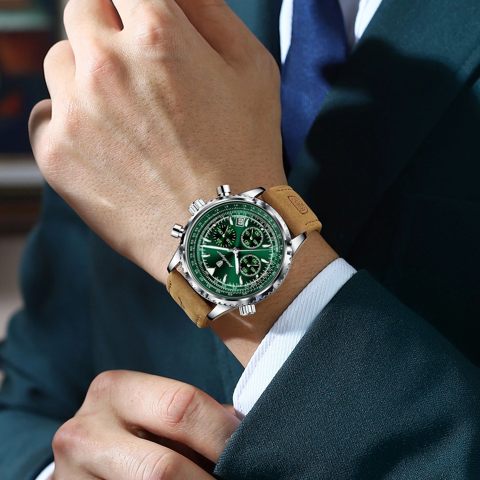 POEDAGAR-Montre à quartz de luxe pour homme, étanche, date Shoous, chronographe, montre-bracelet en cuir, sport militaire, montres pour homme AI0001 – Image 3