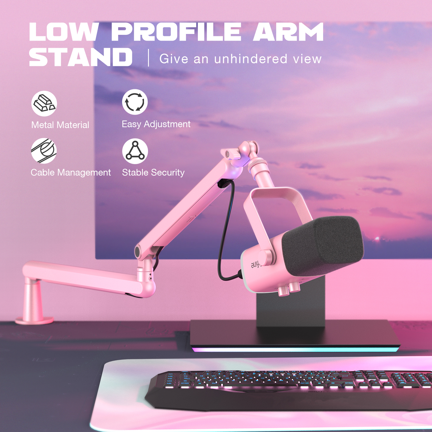 FIFINE Microphone profil bas HON, Bras micro réglable en métal avec gestion des câbles/C-Clamp pour streaming AM8,K688-BM88P-Pink AI0001 – Image 6