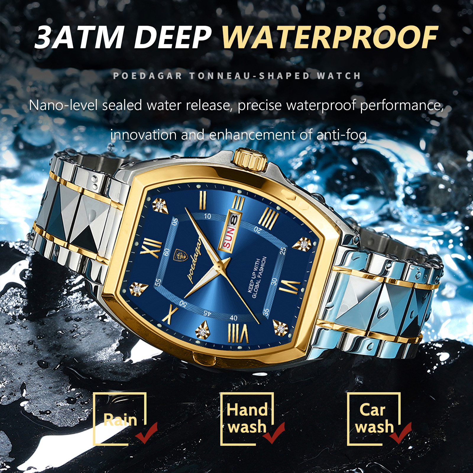 POEDAGAR-Montre de Luxe en Acier Inoxydable pour Homme, Étanche, Boîtier Tonneau, à Quartz, avec Date et Semaine AI0001 – Image 6