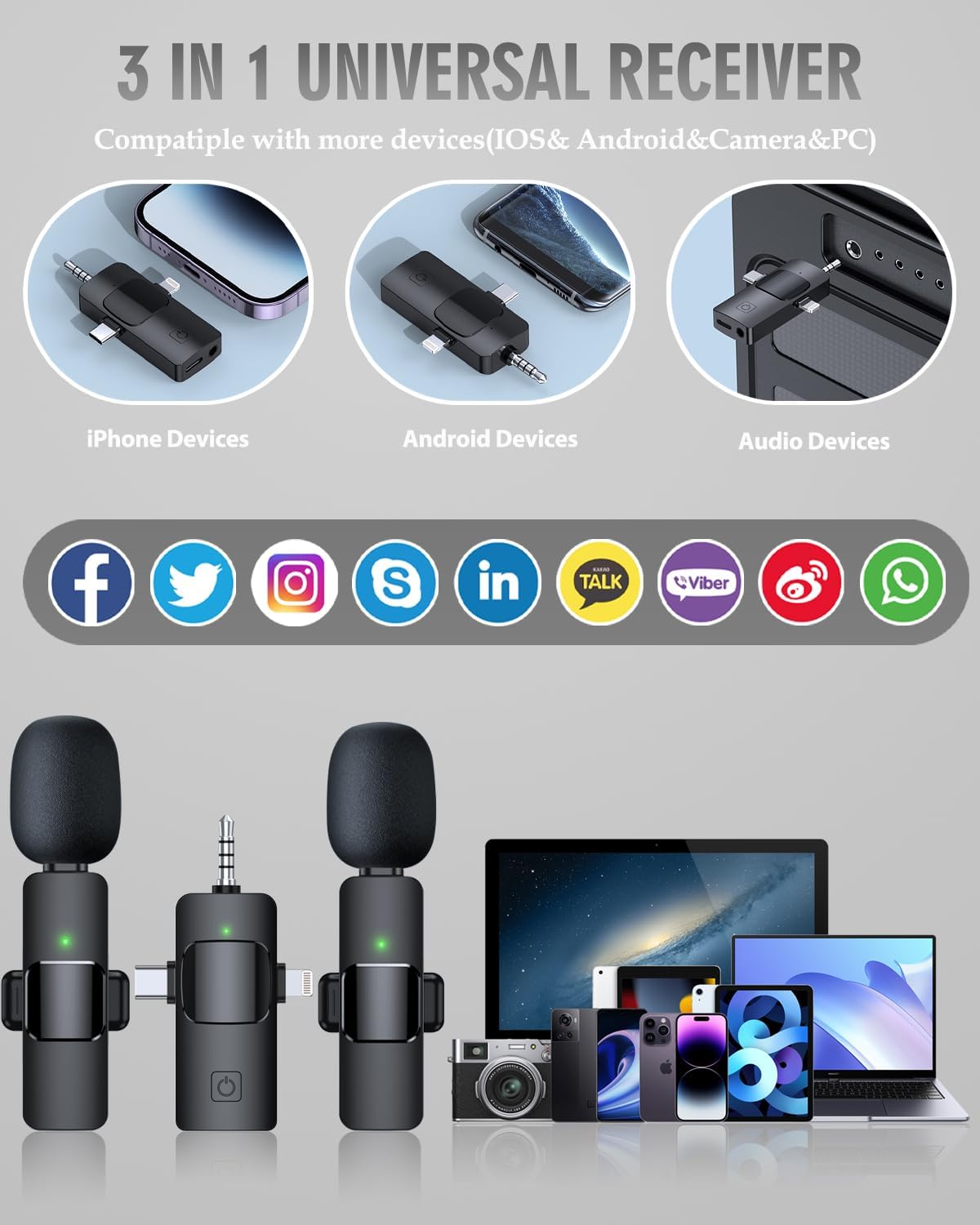 Microphone Lavalier sans fil 3 en 1 pour iPhone Android, micro-cravate antibruit pour téléchargements, vidéo, podcast AI0001 – Image 5