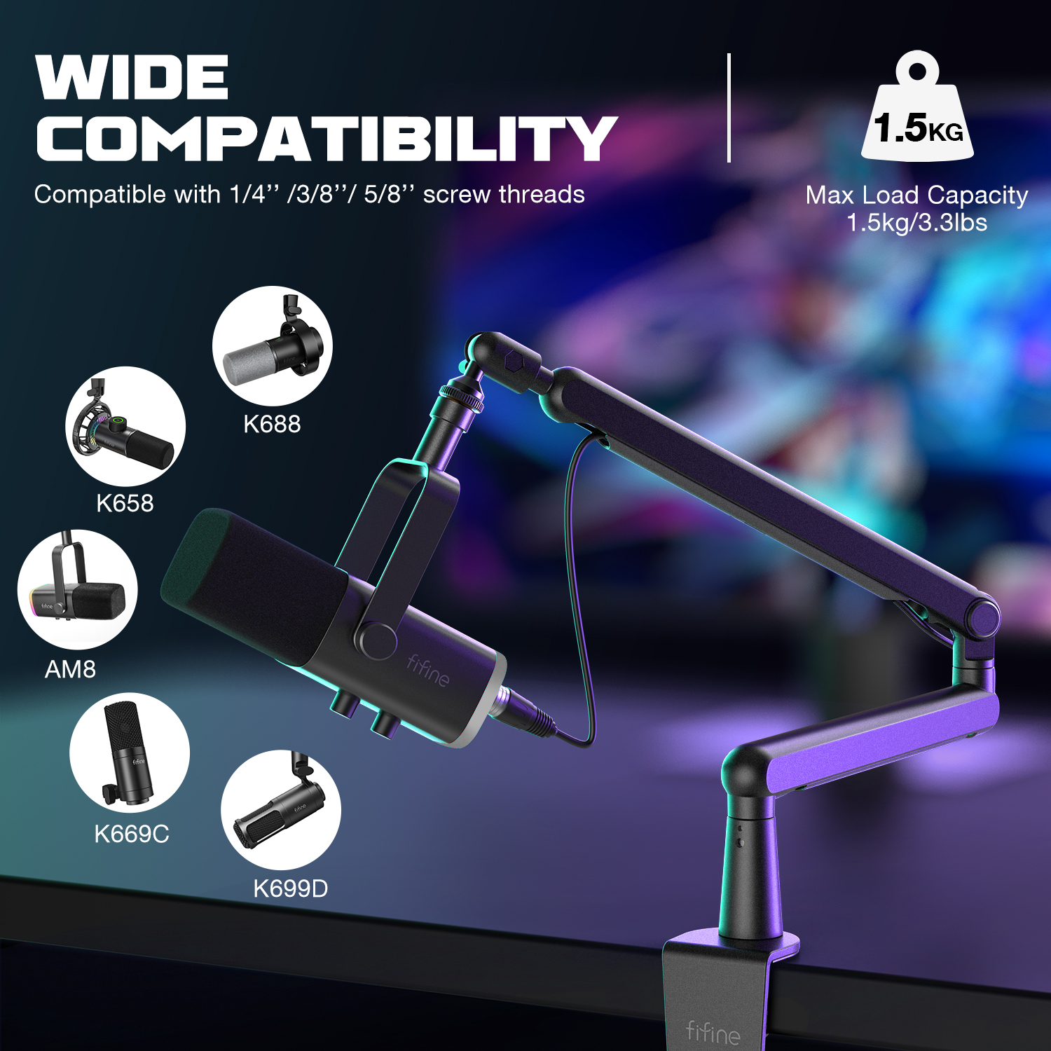 FIFINE Support de microphone à bras bas réglable avec gestion des câbles/support de bureau, suspension HONfor K688 AM8-BM88 Ampligame AI0001 – Image 4