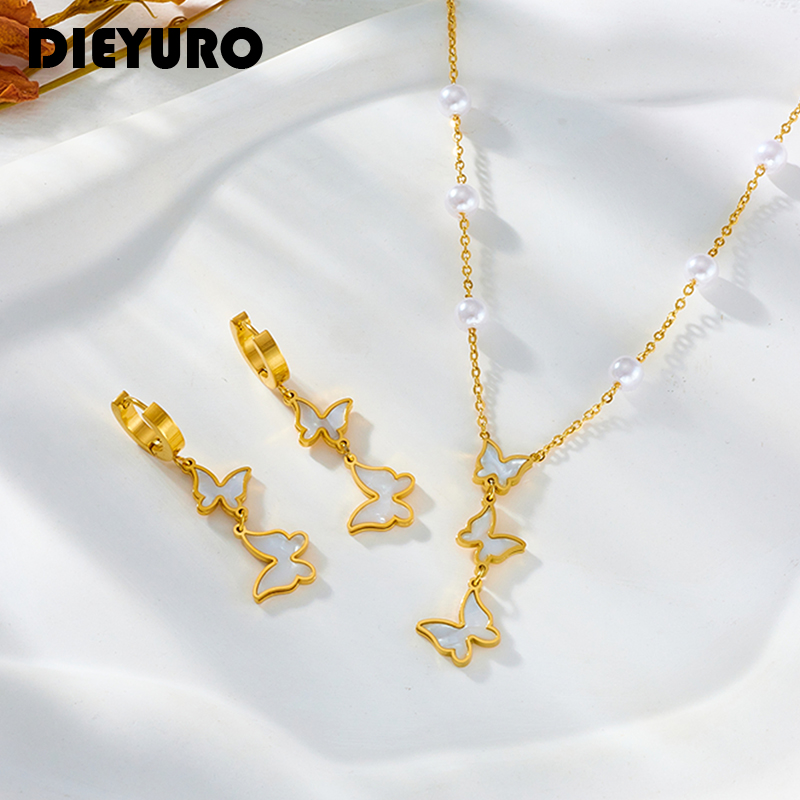DIEYURO – collier et boucles d'oreilles en acier inoxydable 316L, perles papillon, pendentif pour femmes et filles, nouvelle tendance, ras du cou, ensemble de bijoux, cadeau de fête AI0001