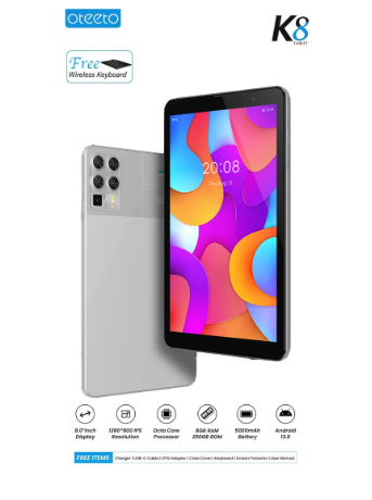 Tablette Android Oteeto K8 avec écran de 8,0 pouces, 8 Go de RAM, 256 Go de ROM, batterie de 5000 mAh et clavier sans fil DE00024 – Image 2