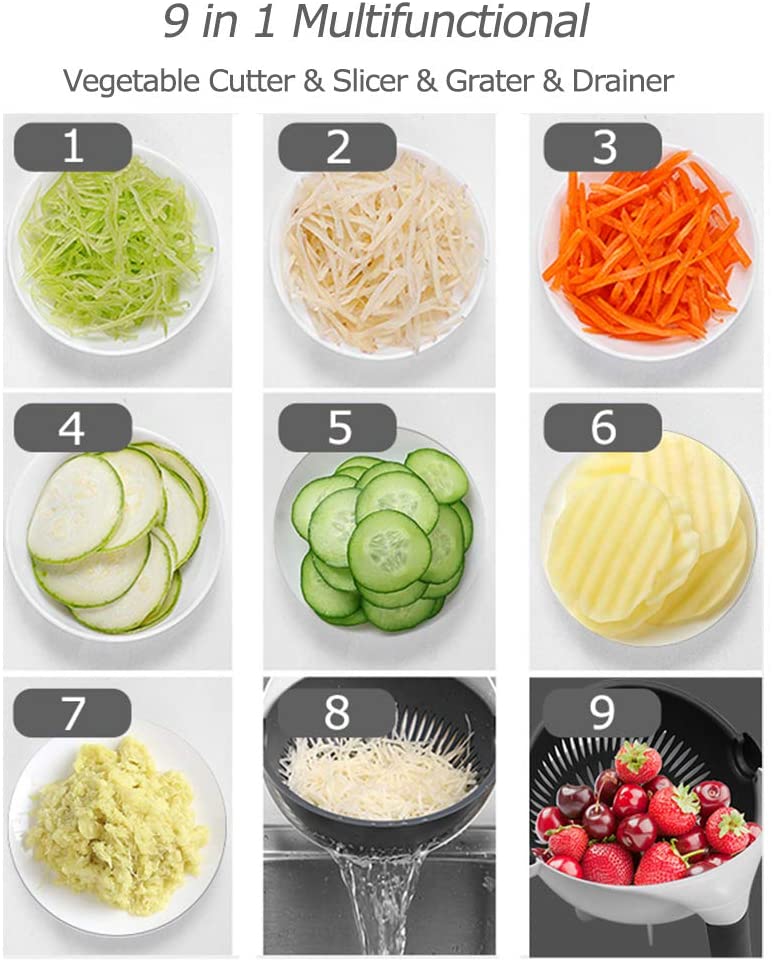 WALFOS – trancheuse à légumes 9 en 1, avec panier de vidange, râpe à pommes de terre, carotte, coupe-légumes, fromage, hachoir, Gadgets de cuisine AI0001 – Image 5