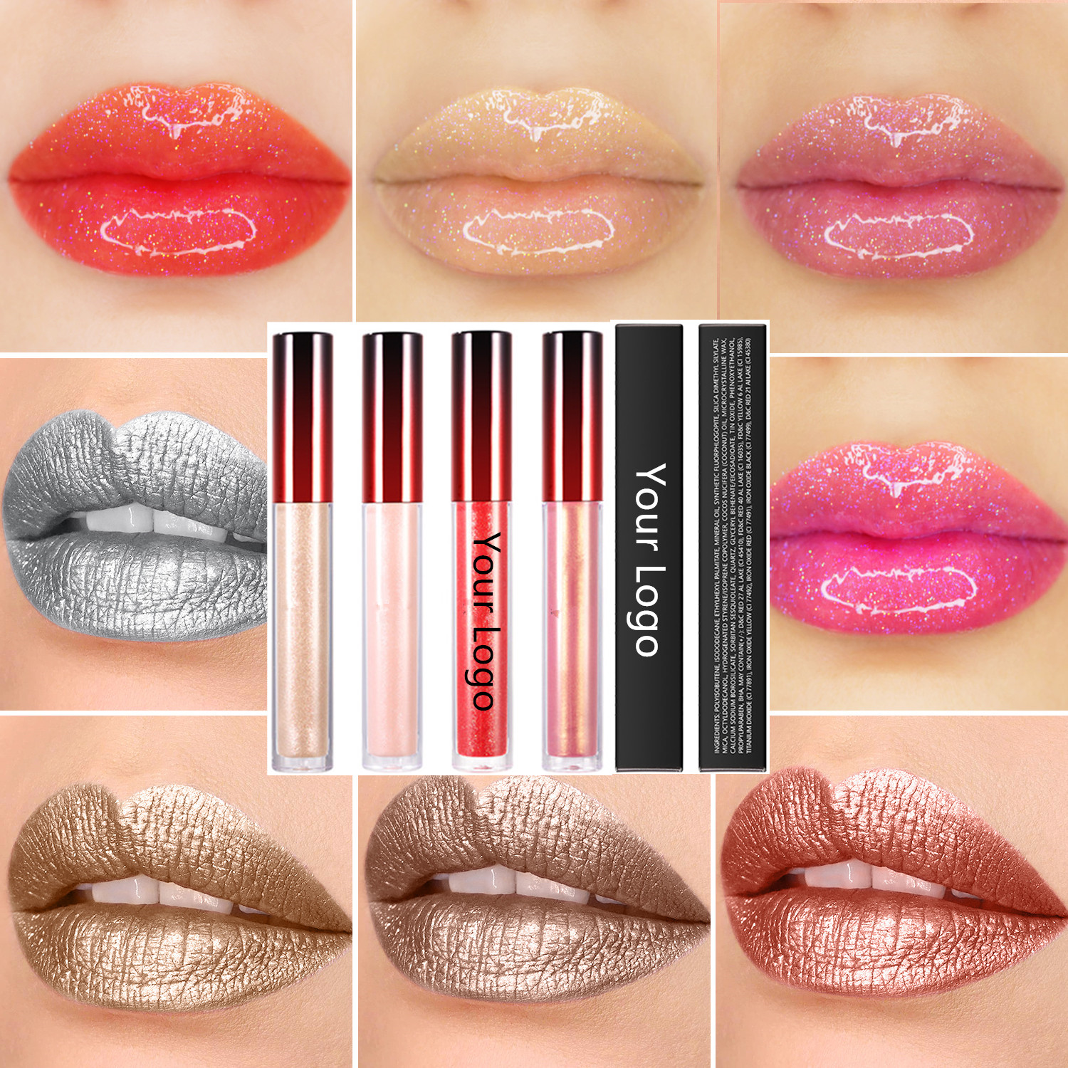 Brillant à lèvres métallique, vente en gros, étiquette privée, cosmétiques, paillettes, maquillage en vrac, transparent, métallique, 50 pièces AI0001