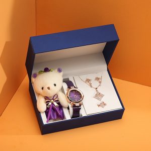 Montre à quartz pour femme, collier diamant, boucle d'oreille, ours, marionnette, coffret cadeau pour fille, dame, cadeau de festival, mode AI0001
