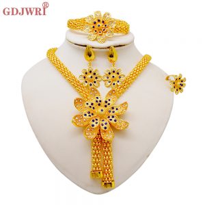 Ensemble de Bijoux Africains Longs en Or pour Femme, Collier, Bracelet, Boucles d'Oreilles, Bague, Document de Fleurs, Nigéria, Dubaï, ixde Mariage AI0001