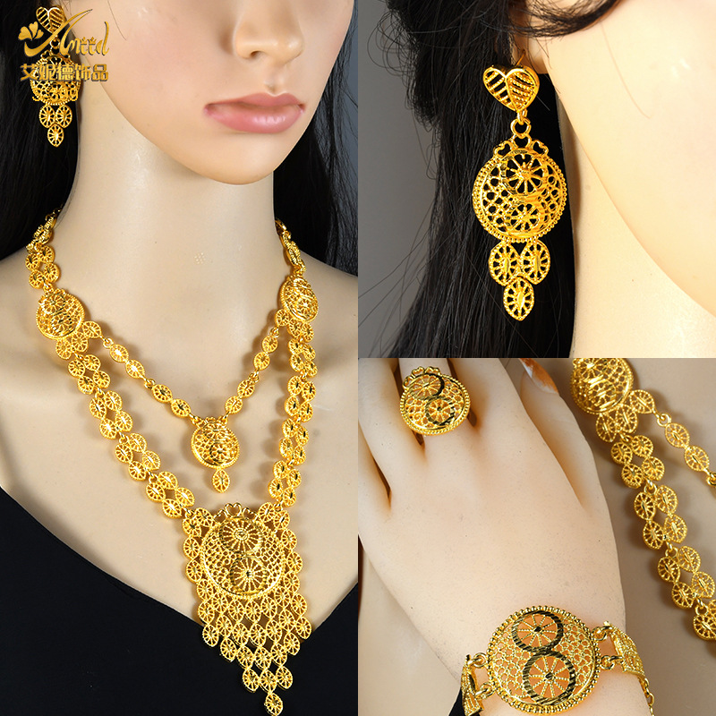 Ensemble de bijoux pendentif plaqué or pour mariage, collier long en alliage, bracelet, bague, boucles d'oreilles, vente chaude AI0001 – Image 3