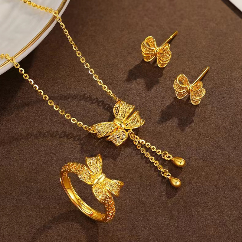 KISS & FLOpacks-Ensemble de bijoux en or 24 carats pour femme, collier nœud papillon, bague, boucles d'oreilles, bijoux fins, vente en gros, cadeau de fête de mariage, JS34 AI0001 – Image 6