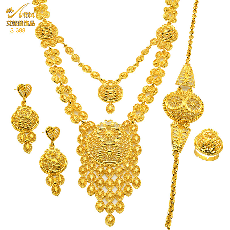 Ensemble de bijoux pendentif plaqué or pour mariage, collier long en alliage, bracelet, bague, boucles d'oreilles, vente chaude AI0001 – Image 2