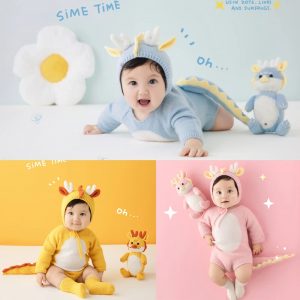 Ensemble de vêtements de photographie pour bébé, combinaison chapeau et chaussettes, corne de dragon, tenue mignonne, accessoires d'oreiller tournesol, 3 à 5 mois, ensemble de 3 pièces AI0001