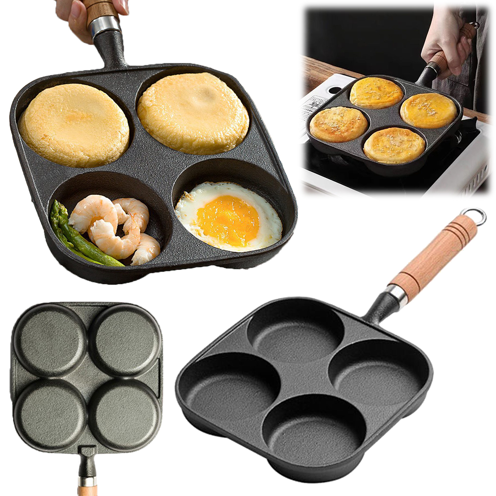 Poêle à frire antiarina à 4 trous avec manche en bois, poêle à œufs, poêle à crêpes, poêle à steak, adaptée à la cuisinière à gaz, cuisinière à induction AI0001 – Image 6