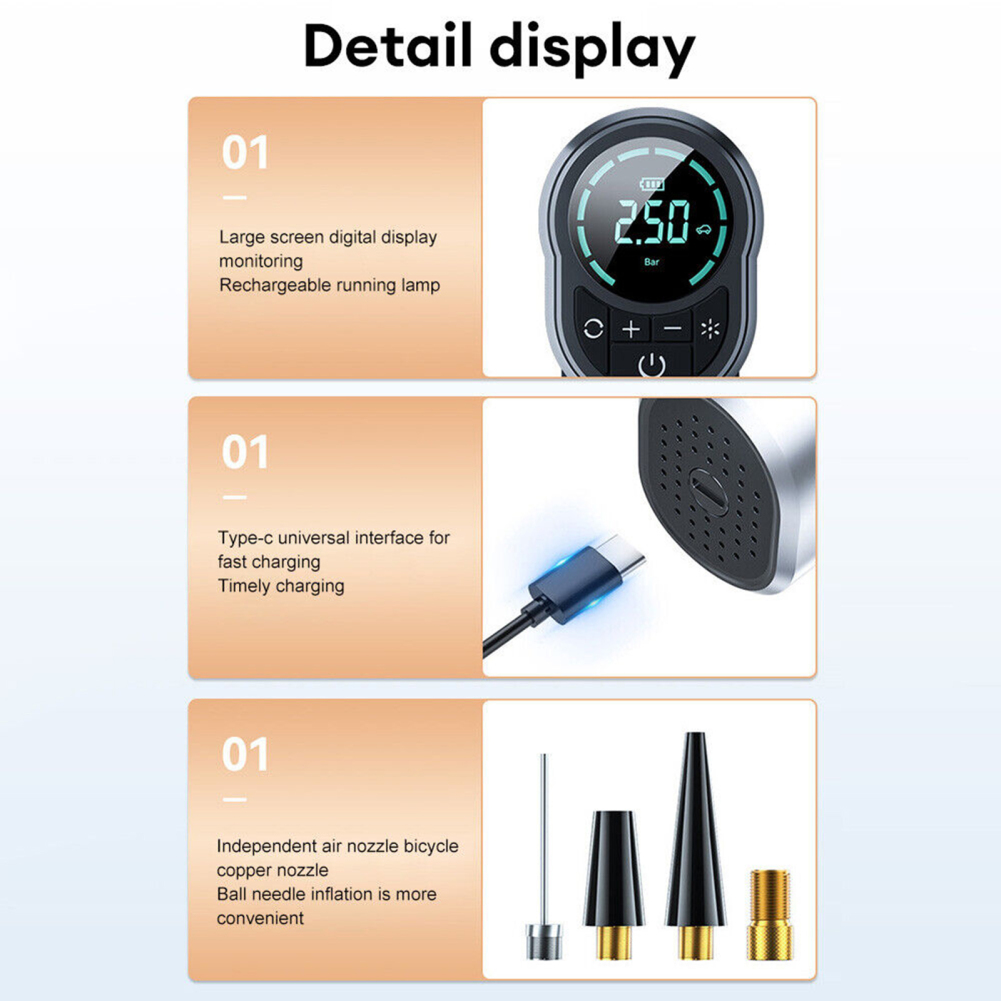 Compresseur d'air sans fil portable avec lumière LED, pompe de gonflage électrique pour moto, vélo, bateau, auto, voiture, 150psi AI0001 – Image 6