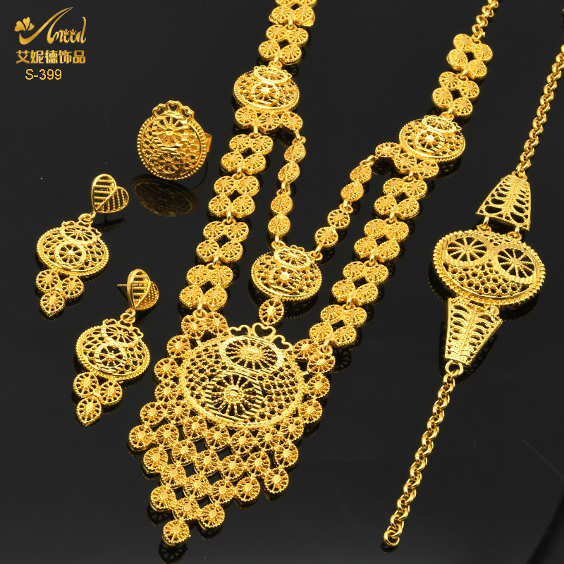 Ensemble de bijoux pendentif plaqué or pour mariage, collier long en alliage, bracelet, bague, boucles d'oreilles, vente chaude AI0001 – Image 6