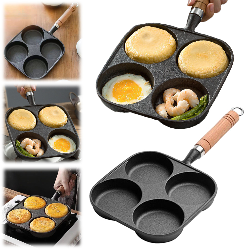 Poêle à frire antiarina à 4 trous avec manche en bois, poêle à œufs, poêle à crêpes, poêle à steak, adaptée à la cuisinière à gaz, cuisinière à induction AI0001