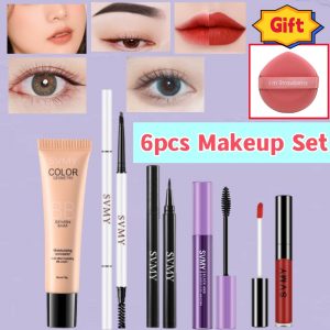 Ensemble de maquillage anti-cernes, fond de teint liquide, crème BB, rouge à lèvres, stylo pour les yeux étanche, mascara noir, eye-liner lisse, cosmétiques, 6 pièces AI0001