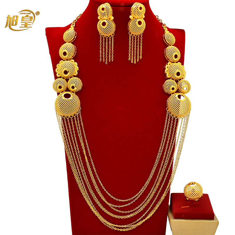 XUHUANG-Ensemble de bijoux en or 24 carats pour patients, collier à pampilles, boucles d'oreilles et bracelet, cadeaux de fête de mariage, document de Dubaï, mode, nouveau AI0001 – Image 7