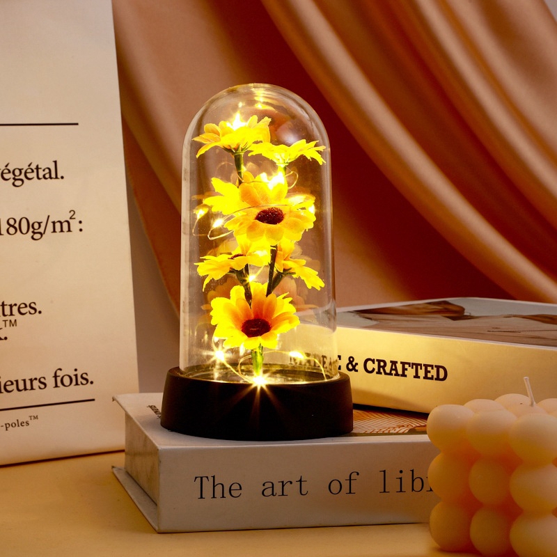 Ornement de tournesol Shoe avec couvercle transparent en acrylique, fleur éternelle LED, cadeaux de Noël, fournitures de fête lumineuses, fête des mères AI0001