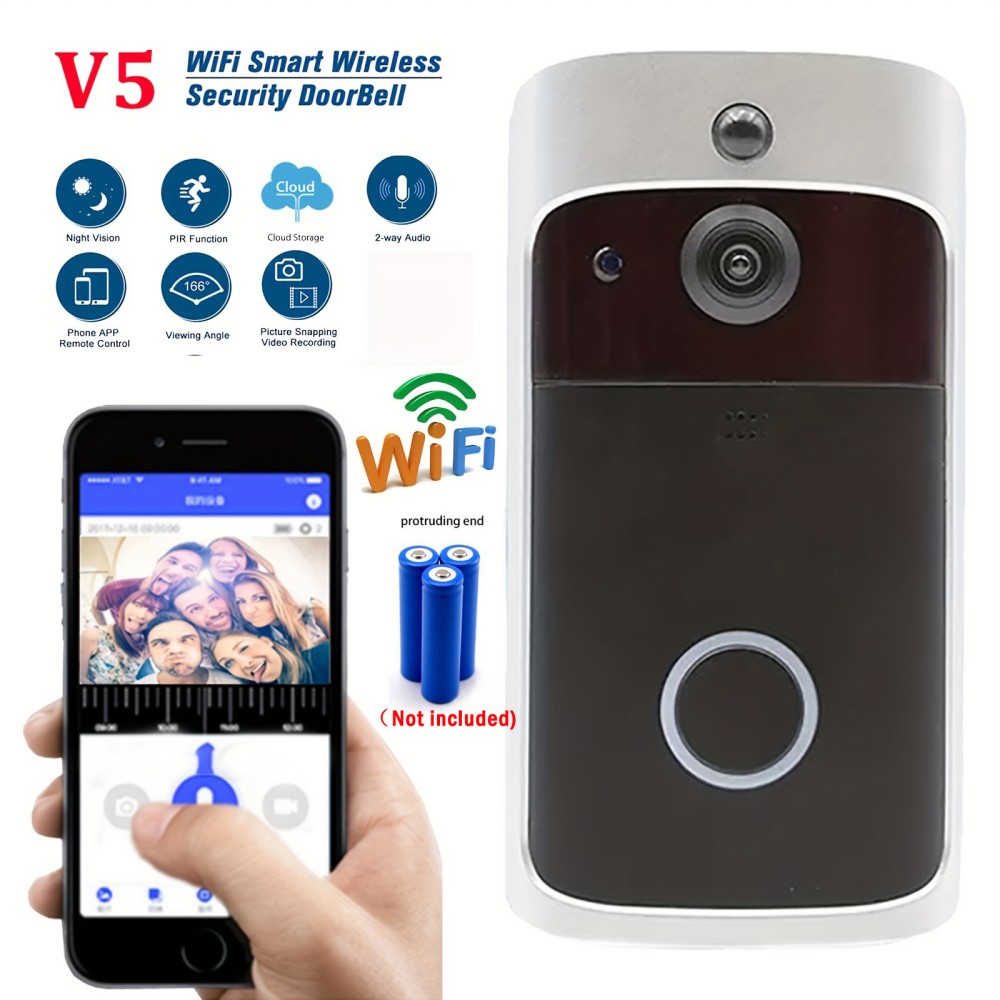 Sonnette vidéo de sécurité V5, WiFi 2.4G, audio bidirectionnel, vision nocturne HD, angle de vision 166 °, Pictrue Snape, enregistreur vidéo, stockage dans le nuage AI0001