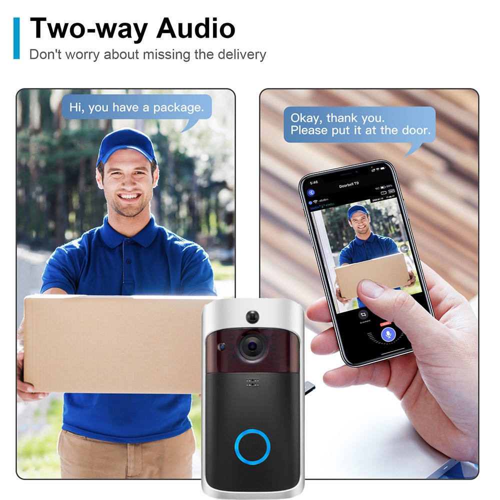 Sonnette vidéo de sécurité V5, WiFi 2.4G, audio bidirectionnel, vision nocturne HD, angle de vision 166 °, Pictrue Snape, enregistreur vidéo, stockage dans le nuage AI0001 – Image 6