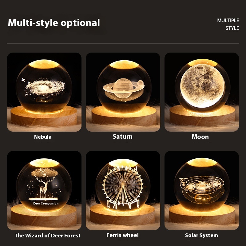 Base en bois sculptée en 3D, planète Shoe, Saturne, lune, lampe boule de cristal, cadeau créatif, collection de bureau, ornement de fête, petits cadeaux AI0001 – Image 5