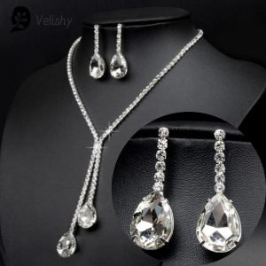 Ensemble de bijoux en cristal goutte d'eau pour mariage, collier en biscuits, boucles d'oreilles de luxe AI0001