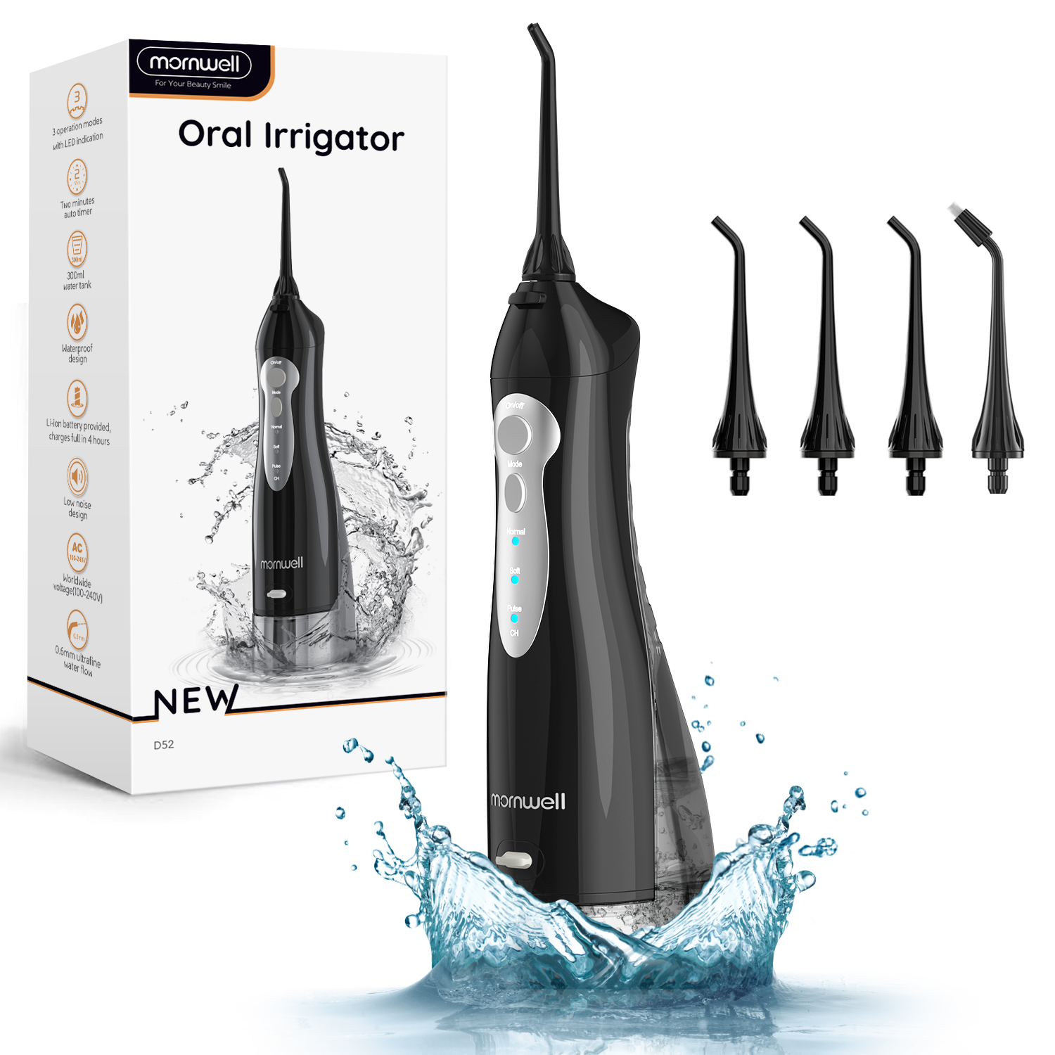 Mornwell-Irrigateur buccal à jet d'eau dentaire D52, hydropulseur portable aste par USB, nettoyeur de dents étanche, eau précieuse, 300ml AI0001 – Image 7
