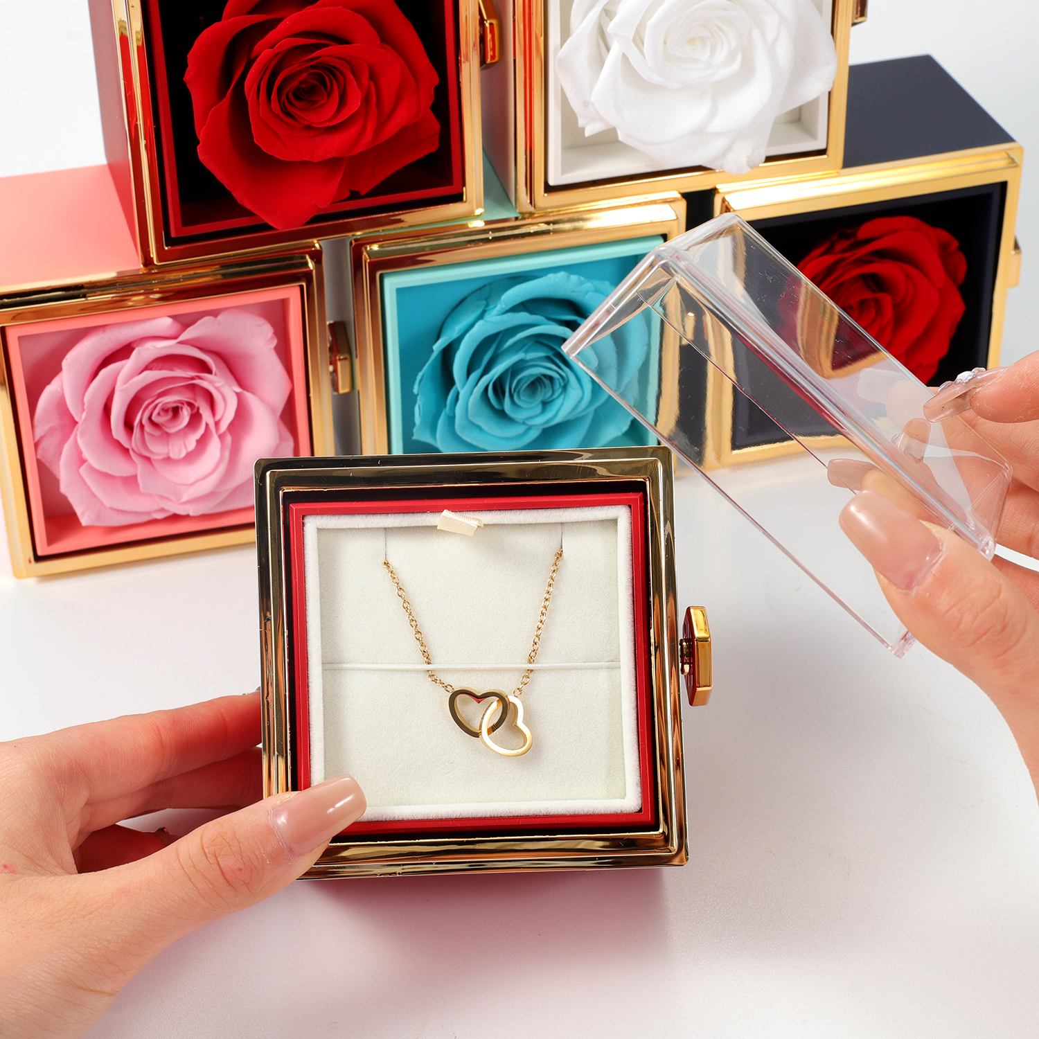 ETERNAL ROSE-Collier avec collier gravé et boîte-cadeau de fleurs réelles, collier avec lettre personnalisée en forme de cœur, cadeau de la fête de Léon pour elle AI0001 – Image 5