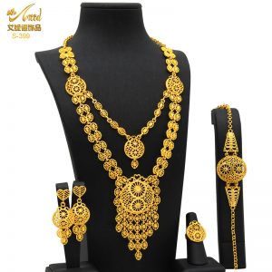 Ensemble de bijoux pendentif plaqué or pour mariage, collier long en alliage, bracelet, bague, boucles d'oreilles, vente chaude AI0001
