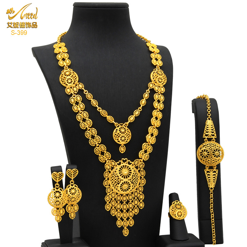 Ensemble de bijoux pendentif plaqué or pour mariage, collier long en alliage, bracelet, bague, boucles d'oreilles, vente chaude AI0001