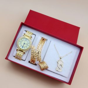 Ensemble de bijoux de montre pour femme, montre à quartz en diamant, bracelets plaqués or, cuir chevelu exquis, bracelet de manchette, bague avec boîte, mode pour femme, 4 pièces AI0001