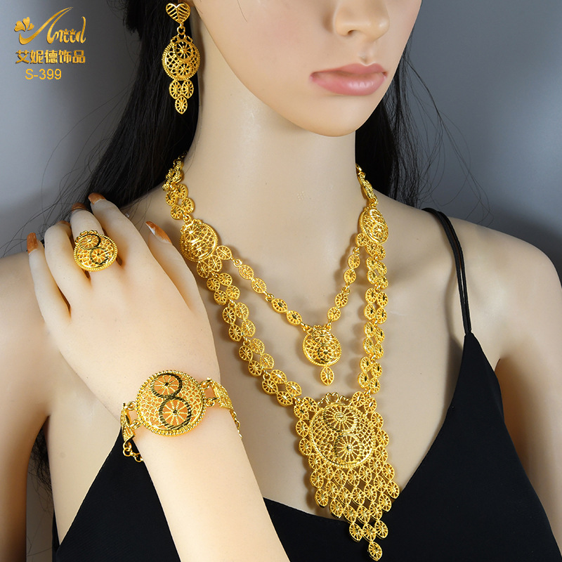 Ensemble de bijoux pendentif plaqué or pour mariage, collier long en alliage, bracelet, bague, boucles d'oreilles, vente chaude AI0001 – Image 4