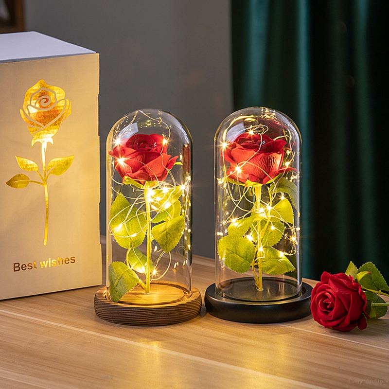Fleurs de rose artificielles avec lumière LED, fleur en feuille d'aluminium, rose éternelle dans un couvercle en verre, décoration de mariage et de maison, cadeau d'anniversaire et de fête des mères AI0001 – Image 7