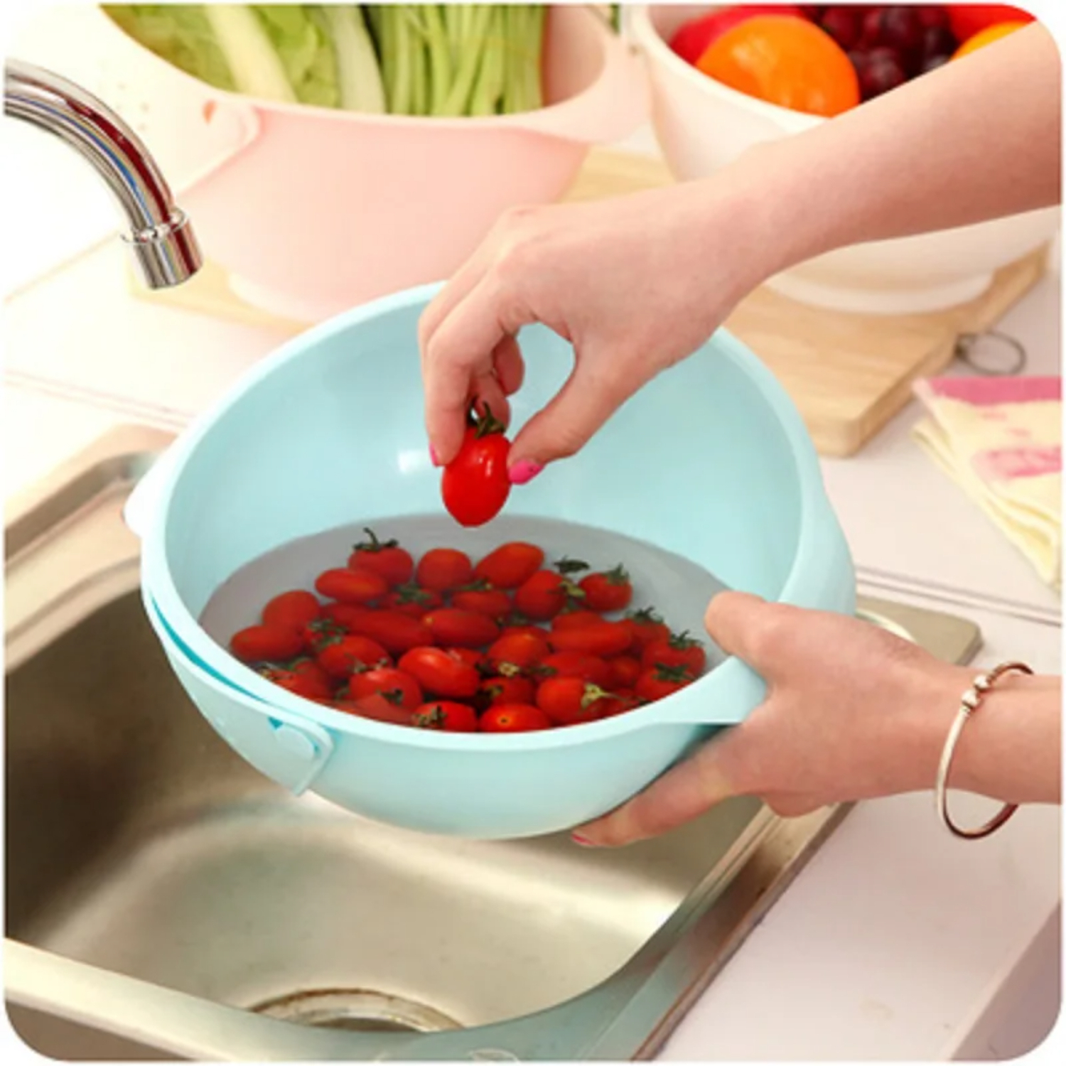 Kitchen Rotatable Three-In-One Storage Basket Portable Storage Fruit Basket Drain Basket Plastic Removable Organizer AI0001 – Image 4